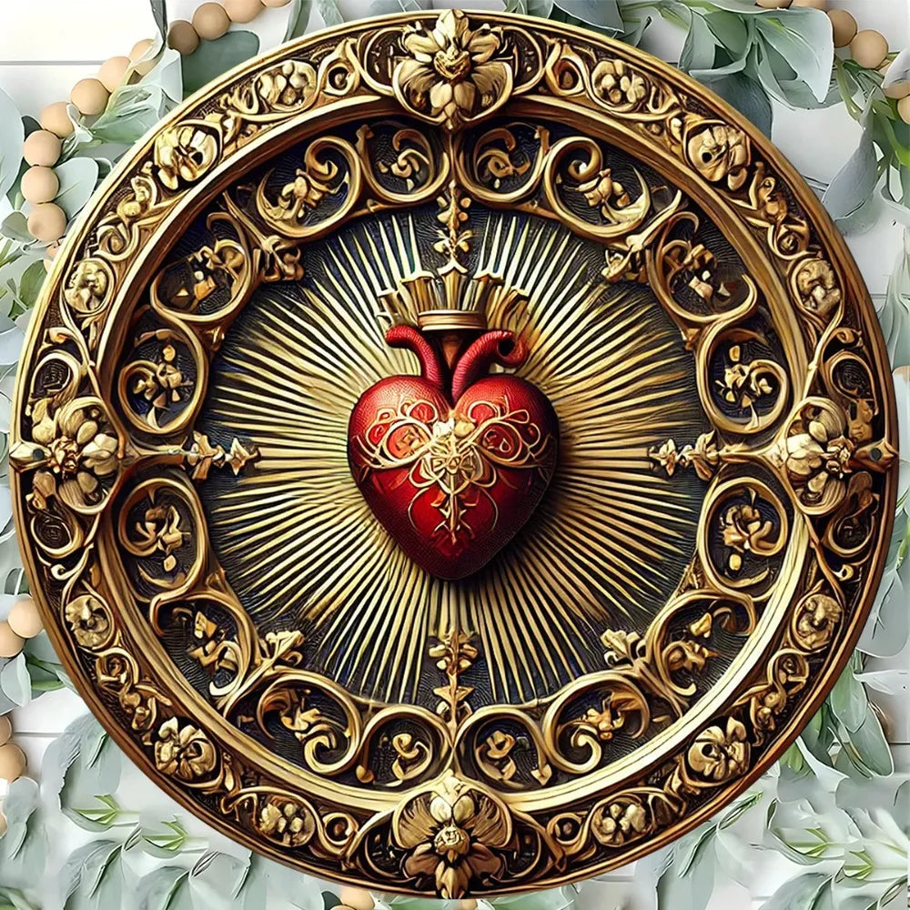 Perfecsy Vintage Sacred Heart Aluminum Wall Art - Golden Red Religious Decor, Home Office Spiritual Art — side view
