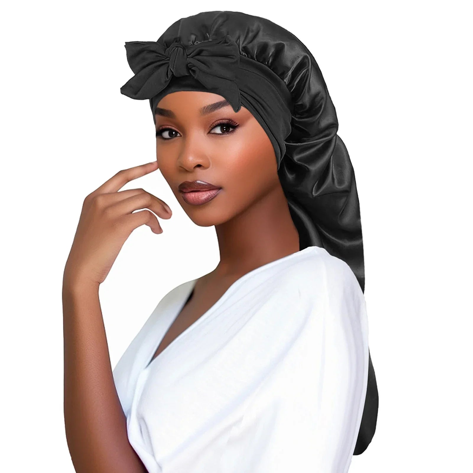 Perfecsy Women Bonnet Satin Sleeping Hat Long Tail Braid Hair Night Sleep Cap Head Cover Bonnets Shower Caps for Sauna Bathin