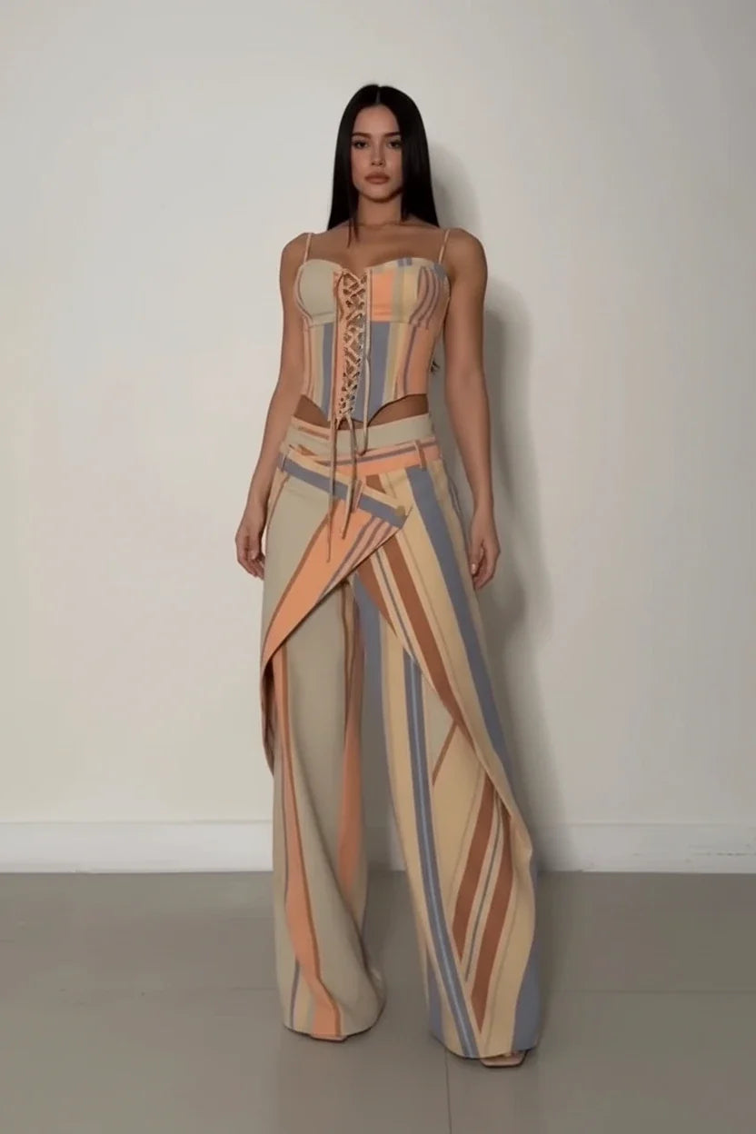 Women's Print Vest and Pleated Pants Set Lace Up