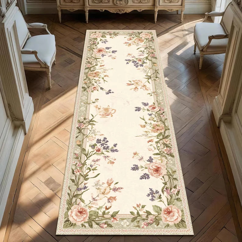 Perfecsy Romantic French Country Runner Rug for Hallway Vintage Cottagecore Embroidered Look Mat Pink Green Shabby Floral Hom