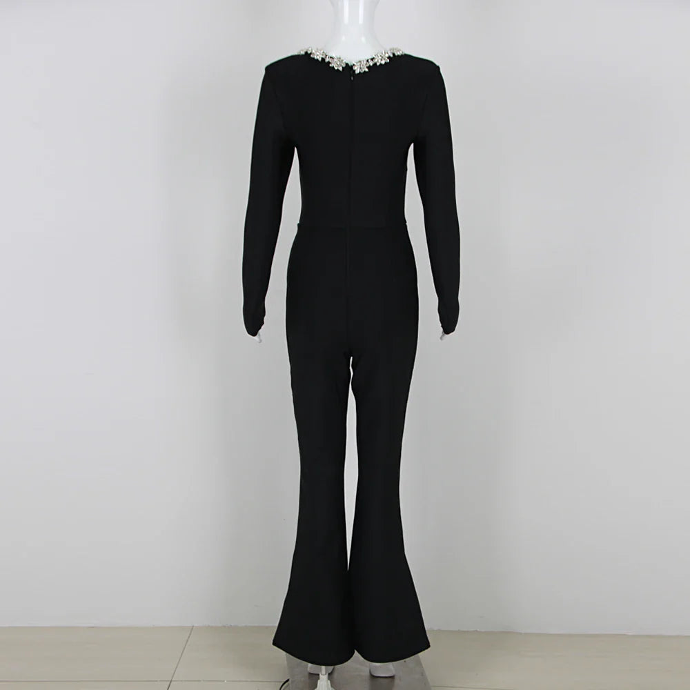 Envy NYC Envy NYC Women's Black Bandage Jumpsuit — Envy NYC branding close-up