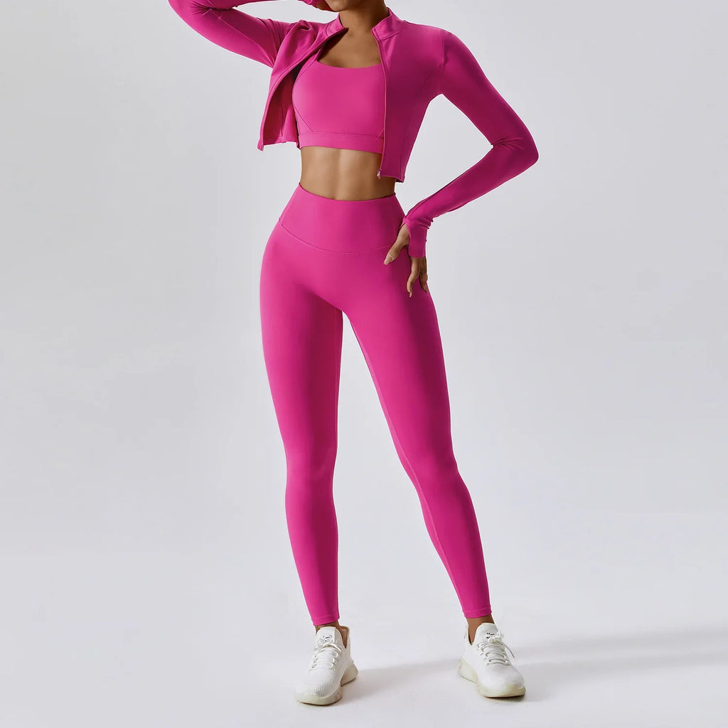 3-Piece Yoga Set Women Long Sleeve Zip Jacket High Waist Leggings