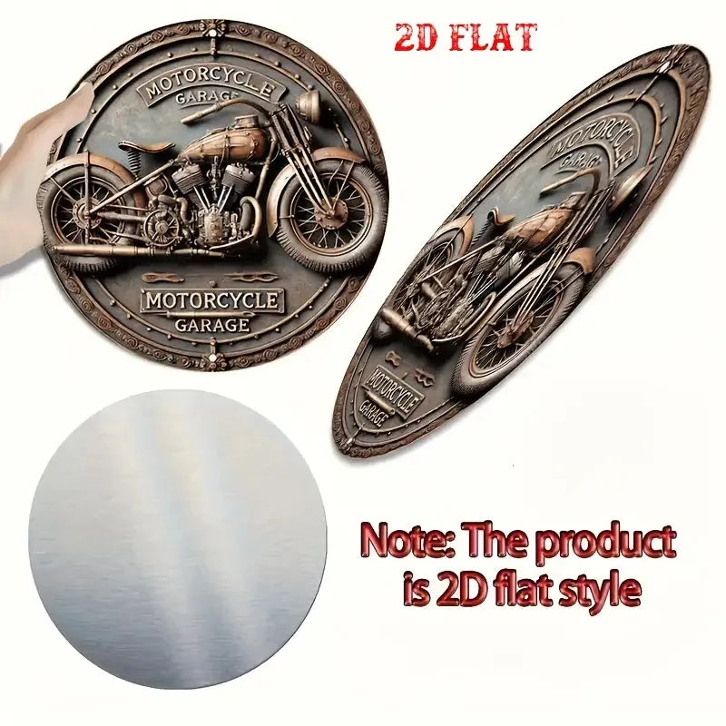 Perfecsy [2D Flat] Vintage Motorcycle Garage Round Aluminum Sign -Retro Metal Wall Decor, 7.8x7.8 inch — side view