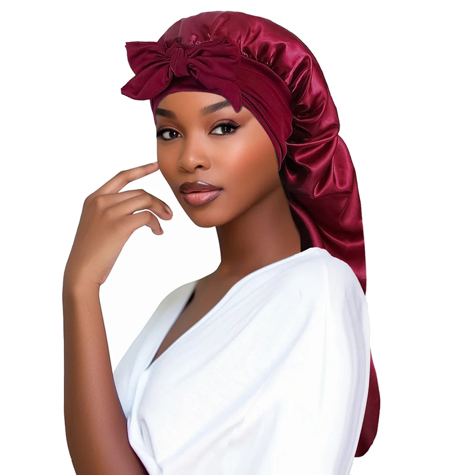 Perfecsy Women Bonnet Satin Sleeping Hat Long Tail Braid Hair Night Sleep Cap Head Cover Bonnets Shower Caps for Sauna Bathin