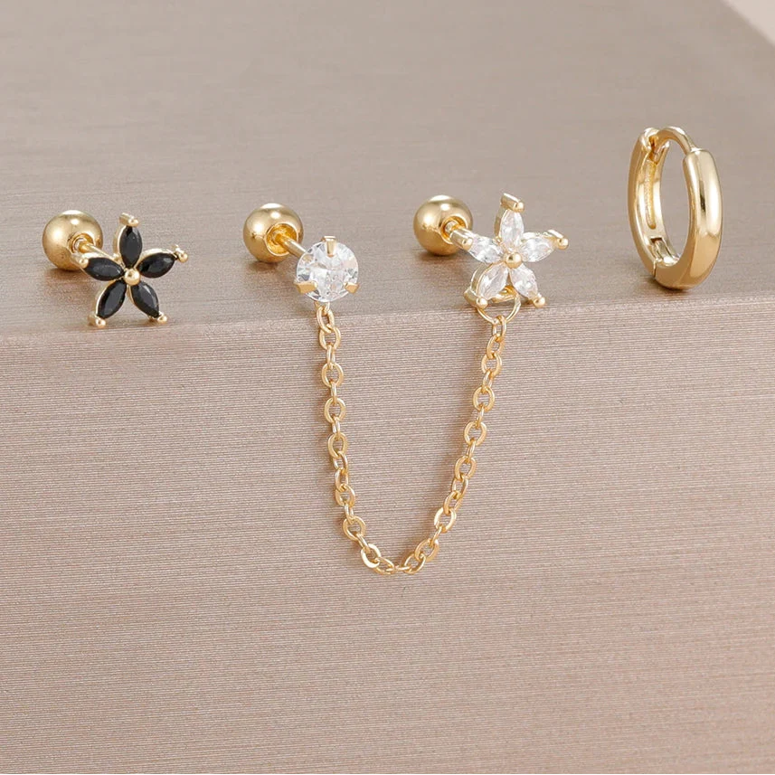 SORI STYLE 3PCS Zircon Flower Ear Stud Earrings — side view