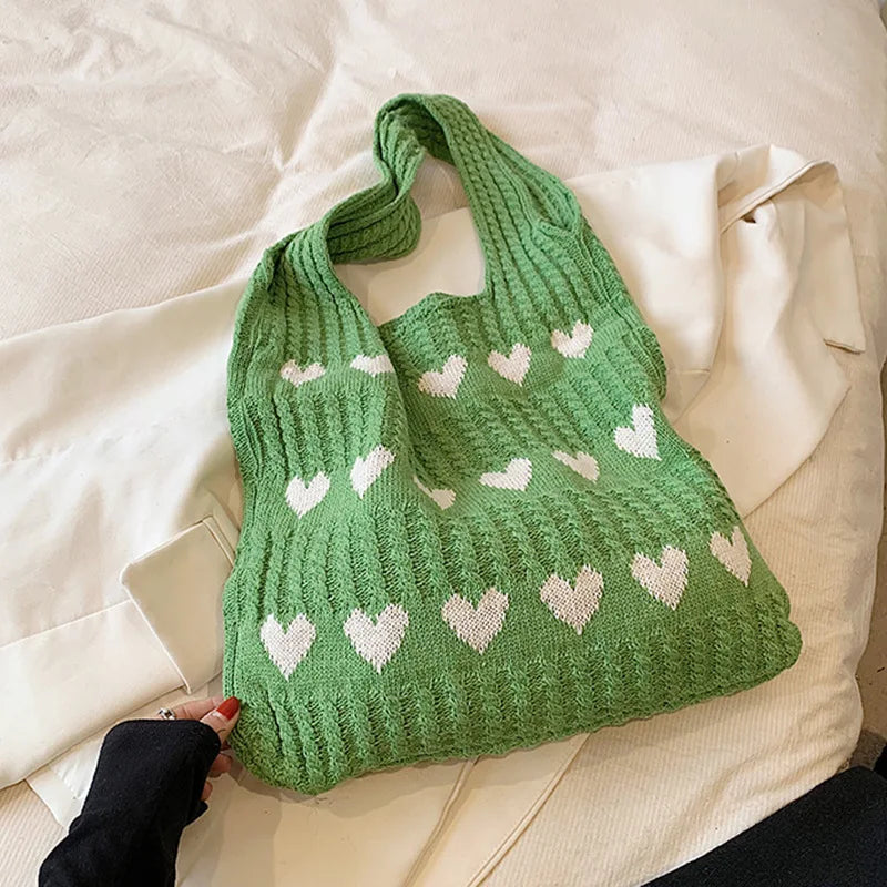Perfecsy 1pc Knitted Bag, Heart-shaped Tote Bag, Women's Diagonal Shoulder Bag, Fashionable and Personalized Woven Bag — size