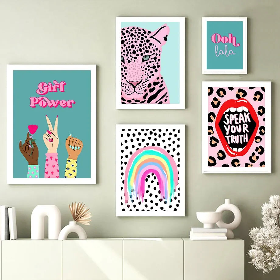 Perfecsy Wild Leopard Tiger Rainbow Girl Power Lips Vase Flower Wall Art Canvas Painting Nordic Poster Wall Picture For Livin