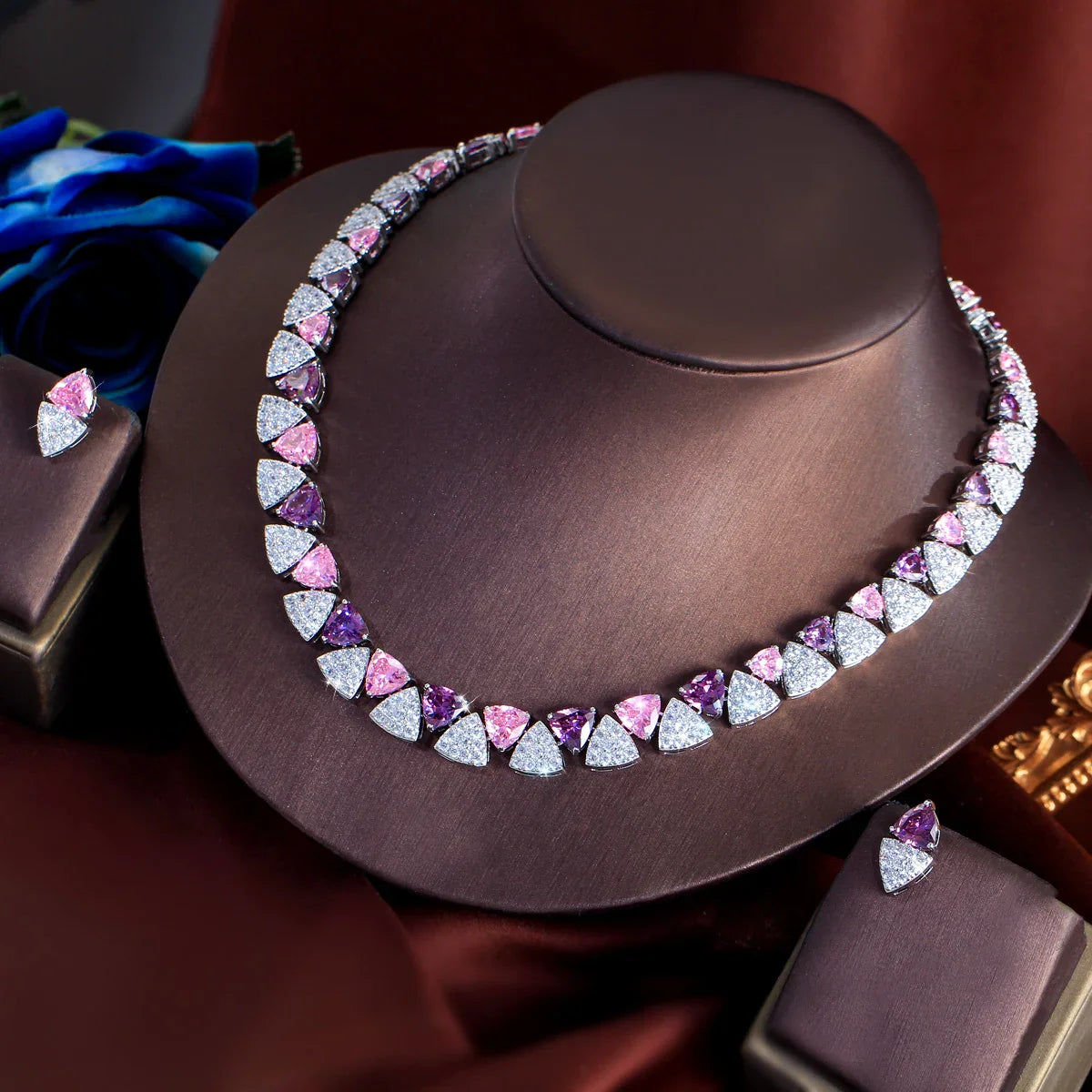 MyClosetAid Pink Purple Triangle CZ Crystal Necklace Earring Set — main product shot