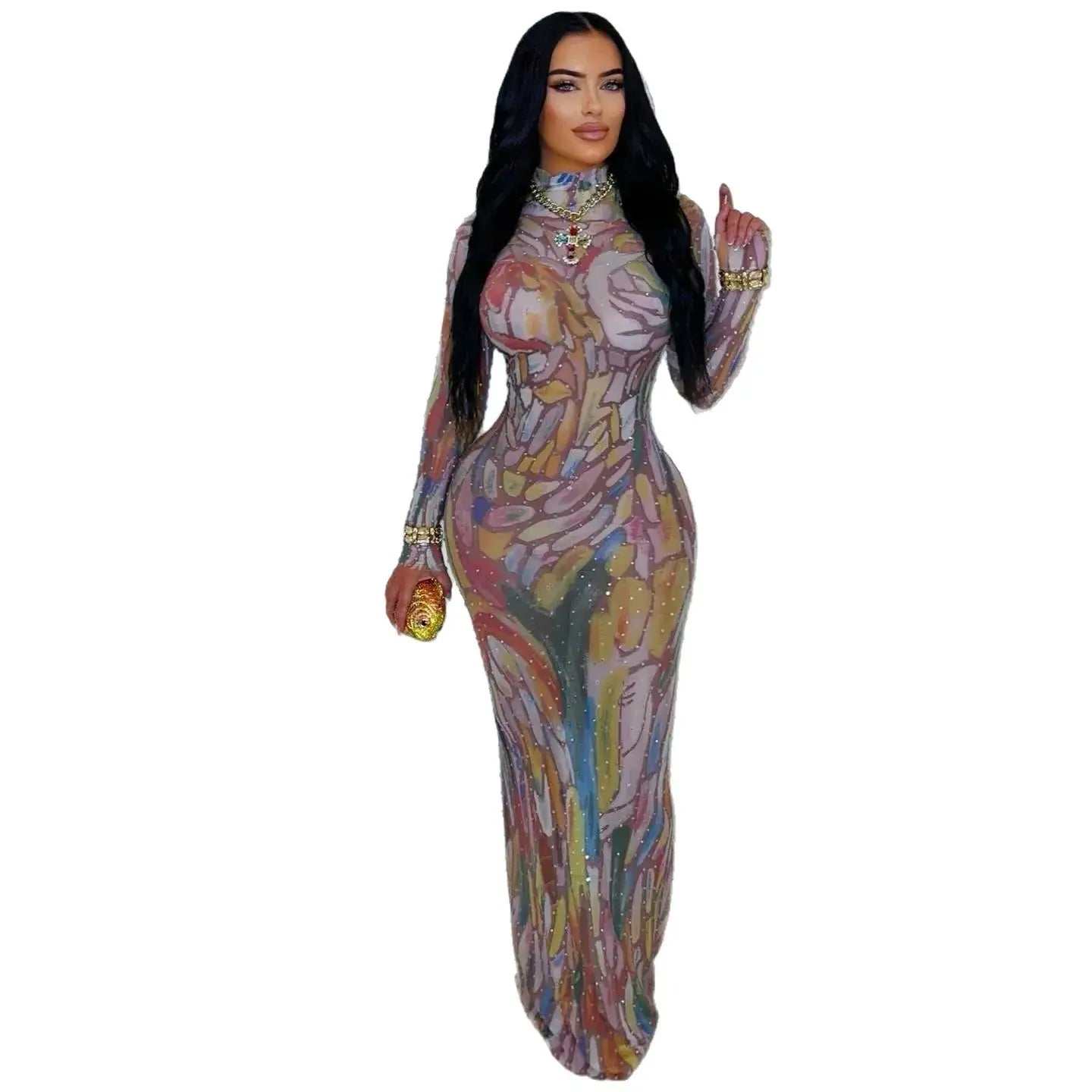 MyClosetAid Long Sleeve Water-Media Net Diamond-Heated Party Gown — side view