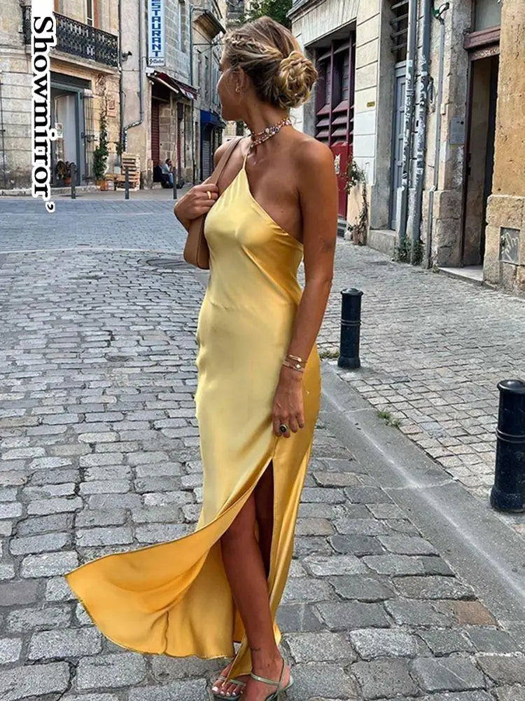 Envy NYC Envy NYC Satin Backless Maxi Dress — Envy NYC branding close-up