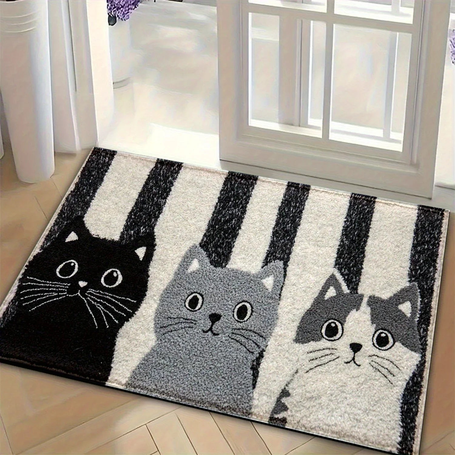 Perfecsy VIKAMA Striped Cartoon Cat Carpet Soft Doormat Waterproof Floor Mat Rug For Bedroom Carpet For Live Room Outdoor Car