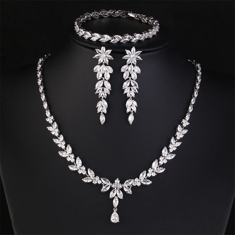 Brilliant Zirconia Leaf Necklace, Earrings & Bracelet Set