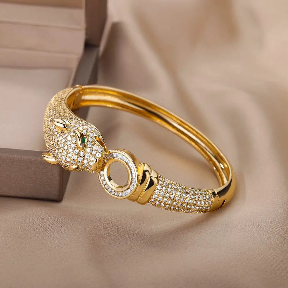 Envy NYC Envy NYC Cubic Zirconia Leopard Bangle Bracelet — Envy NYC branding close-up