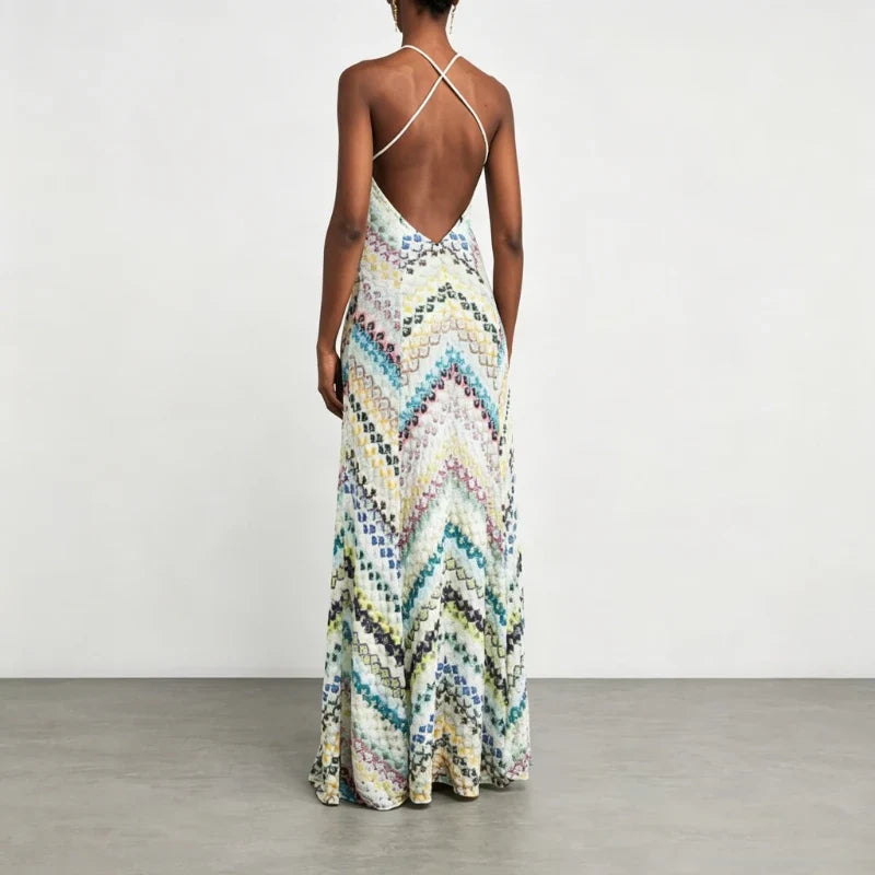 Bohemian Chevron Halter Maxi Dress Deep V-Neck Backless