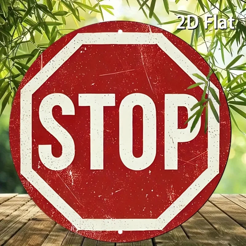 Perfecsy [2D Flat] Vintage Stop Sign Aluminum Wall Art -Round Retro Traffic Symbol Poster, Perfect for Bar, Cafe, Beach House