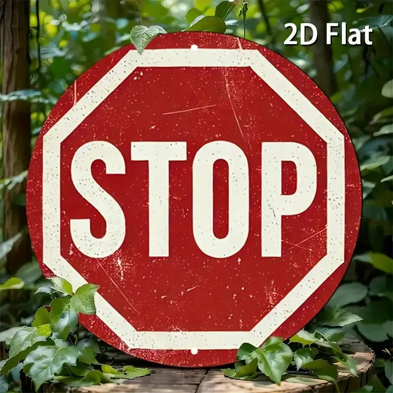 Perfecsy [2D Flat] Vintage Stop Sign Aluminum Wall Art -Round Retro Traffic Symbol Poster, Perfect for Bar, Cafe, Beach House