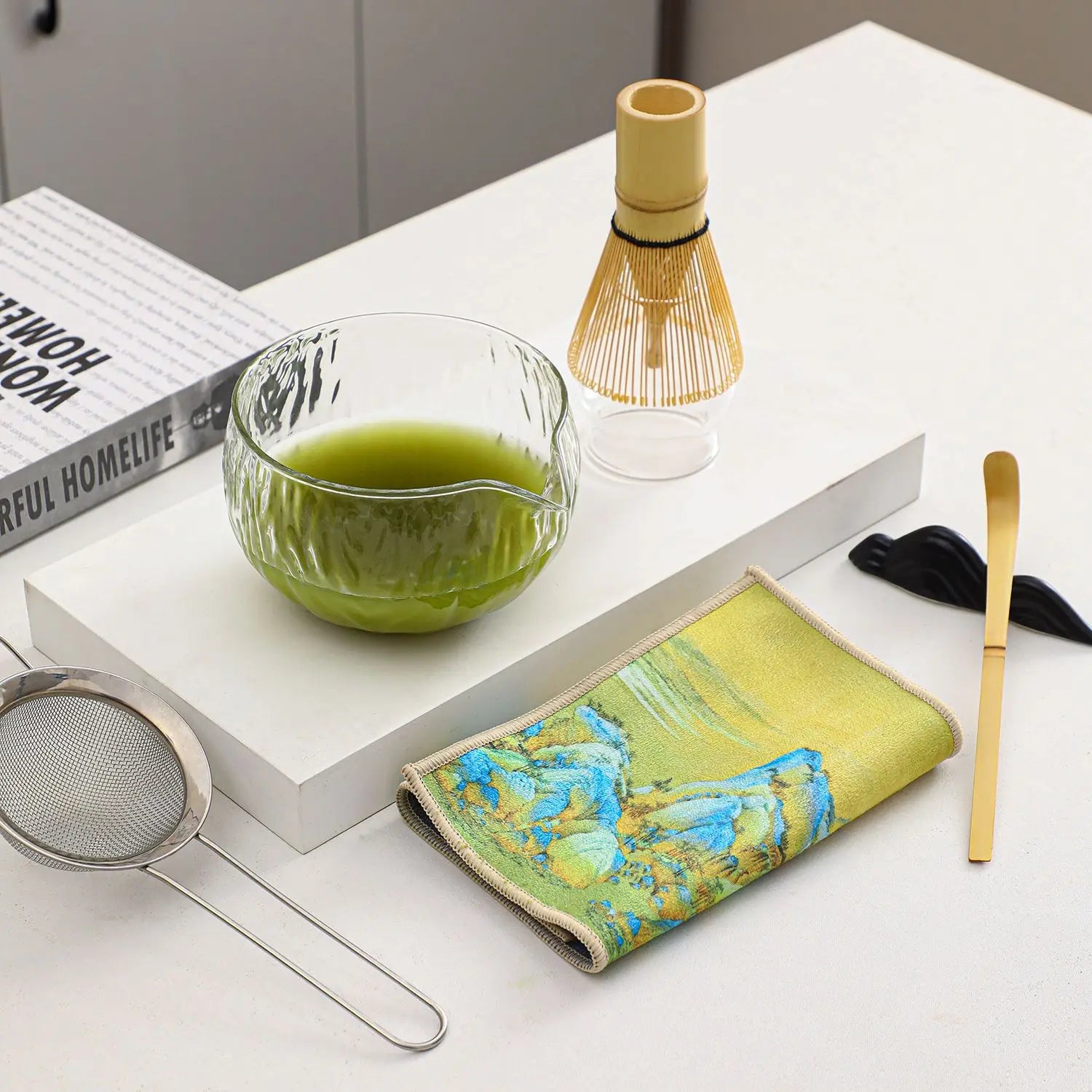 1/4/7Pcs glass Matcha Whisk Set for Beginners Elegant Bamboo Wood Japanese Matcha Tea Making Kit with Whisk Holder Scoop Sifter