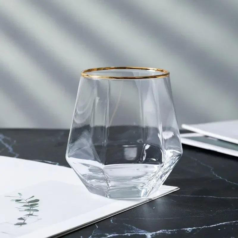 European Style Gold Edged Diamond Glass Hexagonal Crystal Glass Household Transparent Whiskey Glass Hexagonal Foreign Wine Glass