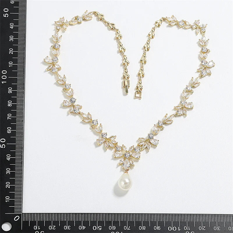 Envy NYC Marquise Cut Cubic Zircon Leaf Bridal Necklace & Earrings — detail close-up