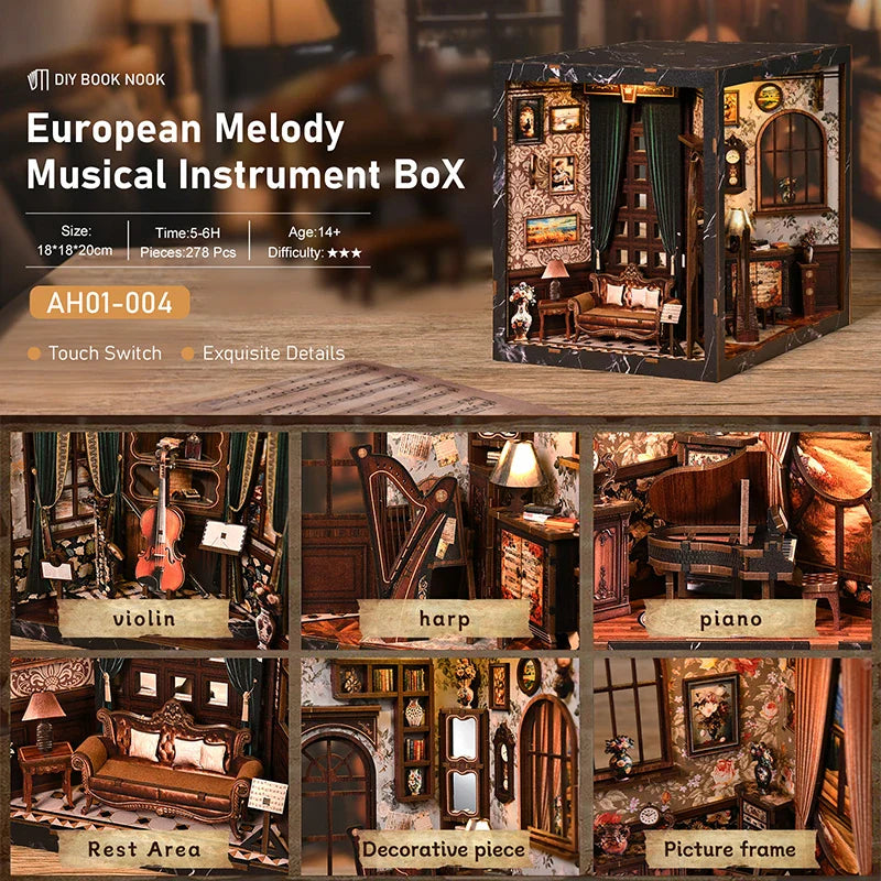 European Melody Musical Instrument Box DIY Miniature House, 3D Puzzle Bookend Model, Wooden Bookend. Creative Gift