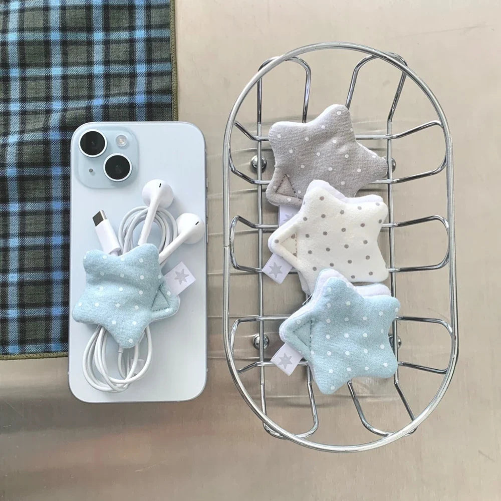 Perfecsy Y2k Japanese Earphone Decoration Accessories Handmade Fabric Star Wave Point Earphone Storage Bag Data Cable Organiz