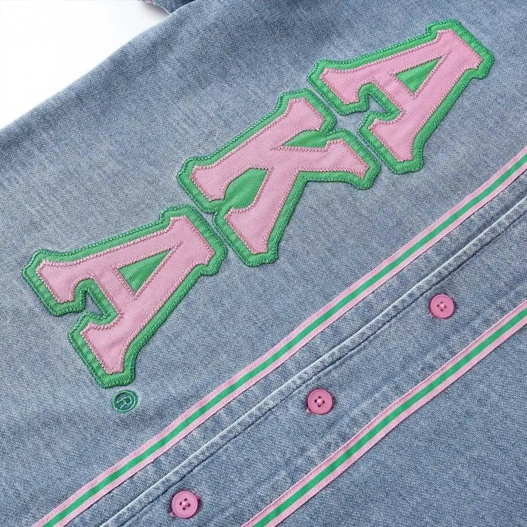 Greek Letter Embroidered Button Women's Denim Baseball Jersey Light Blue