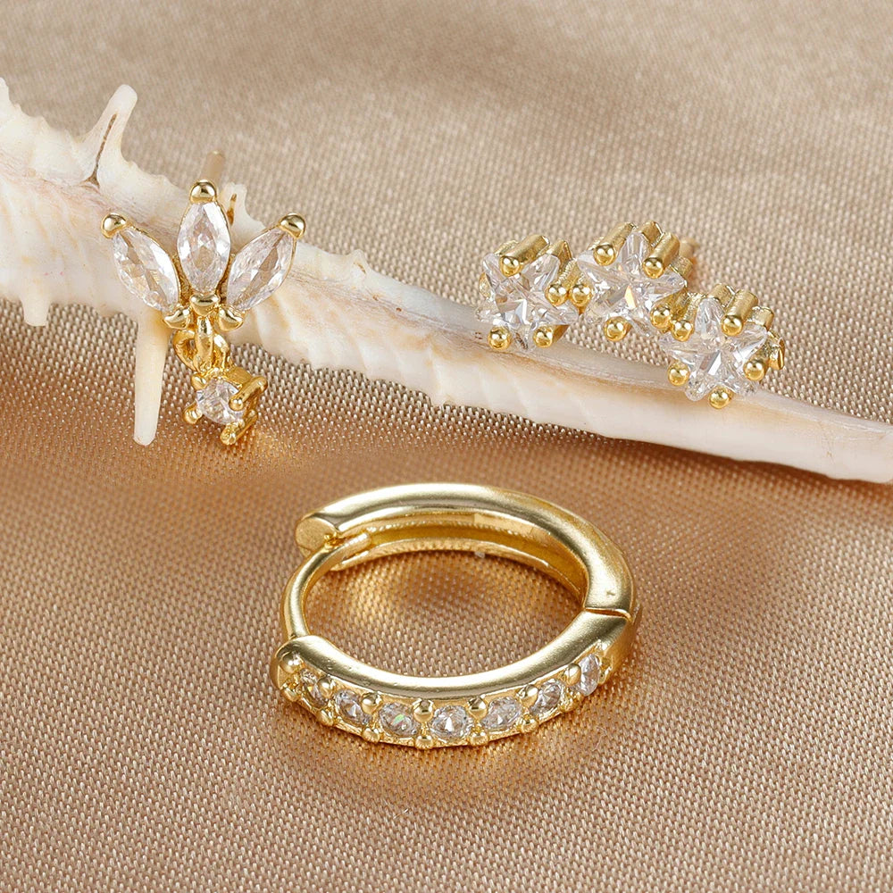 SORI STYLE 3PCS Star Zircon Hoop Huggie Earrings — detail close-up