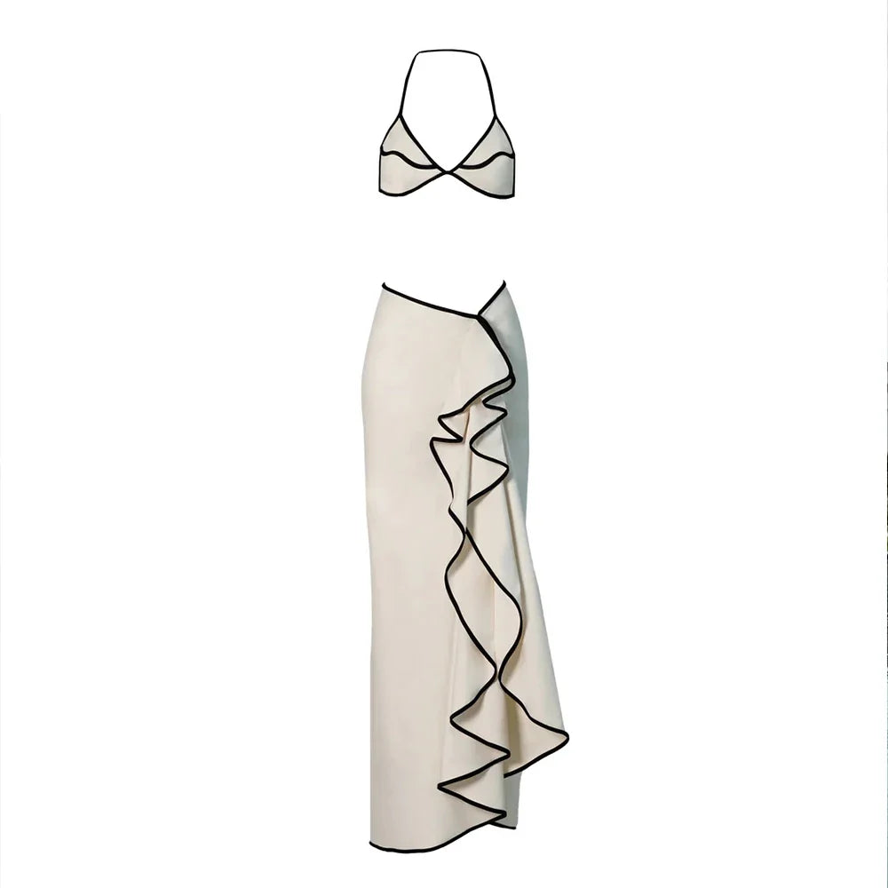 Women's 3 Piece Micro Bikini Set With Long Skirt Beachwear Cover Up