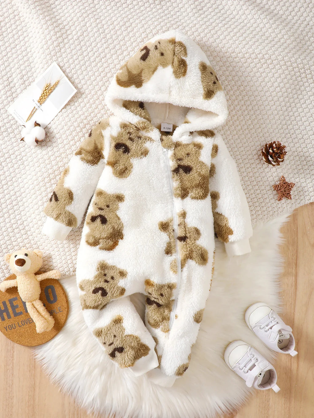 SORI STYLE Winter Baby Girl Plush Jumpsuit with Bear Print — in-use photo