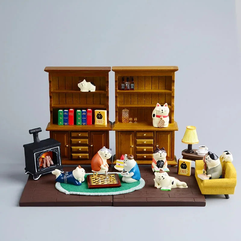 Perfecsy ZAKKA Miniatures Study Bookcase Home Decor Cute Cartoon Cat Retro Desk Gramophone Ornament Crafts Dollhouse Accessor