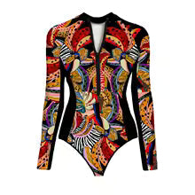 WAVECHO Women's Long Sleeve Zip Front One Piece Swimsuit Floral