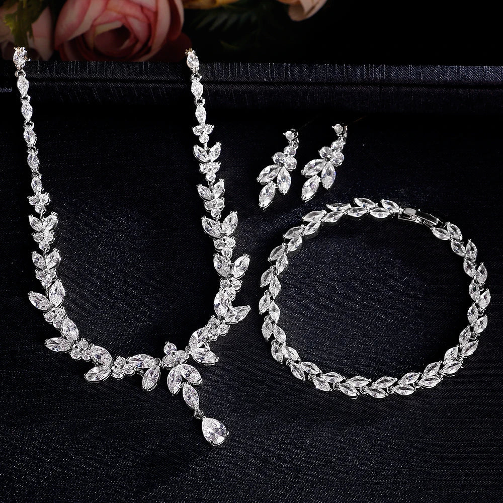 Envy NYC Brilliant Zirconia Leaf Necklace, Earrings & Bracelet Set — construction detail