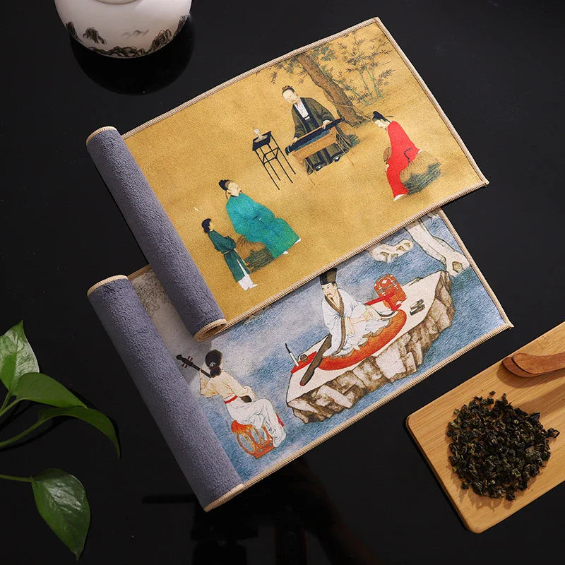 Perfecsy 1pc Chinese Painted Thick Tea Towel Super Absorbent Table Mats Suede Professional Rag Tea Mat Napkin High-end Tea Ac