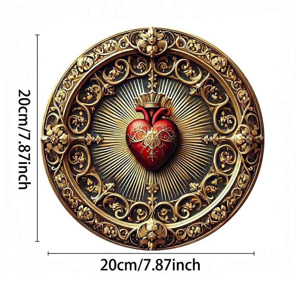 Perfecsy Vintage Sacred Heart Aluminum Wall Art - Golden Red Religious Decor, Home Office Spiritual Art — detail close-up