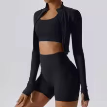 3-Piece Yoga Set Women Long Sleeve Zip Jacket High Waist Leggings