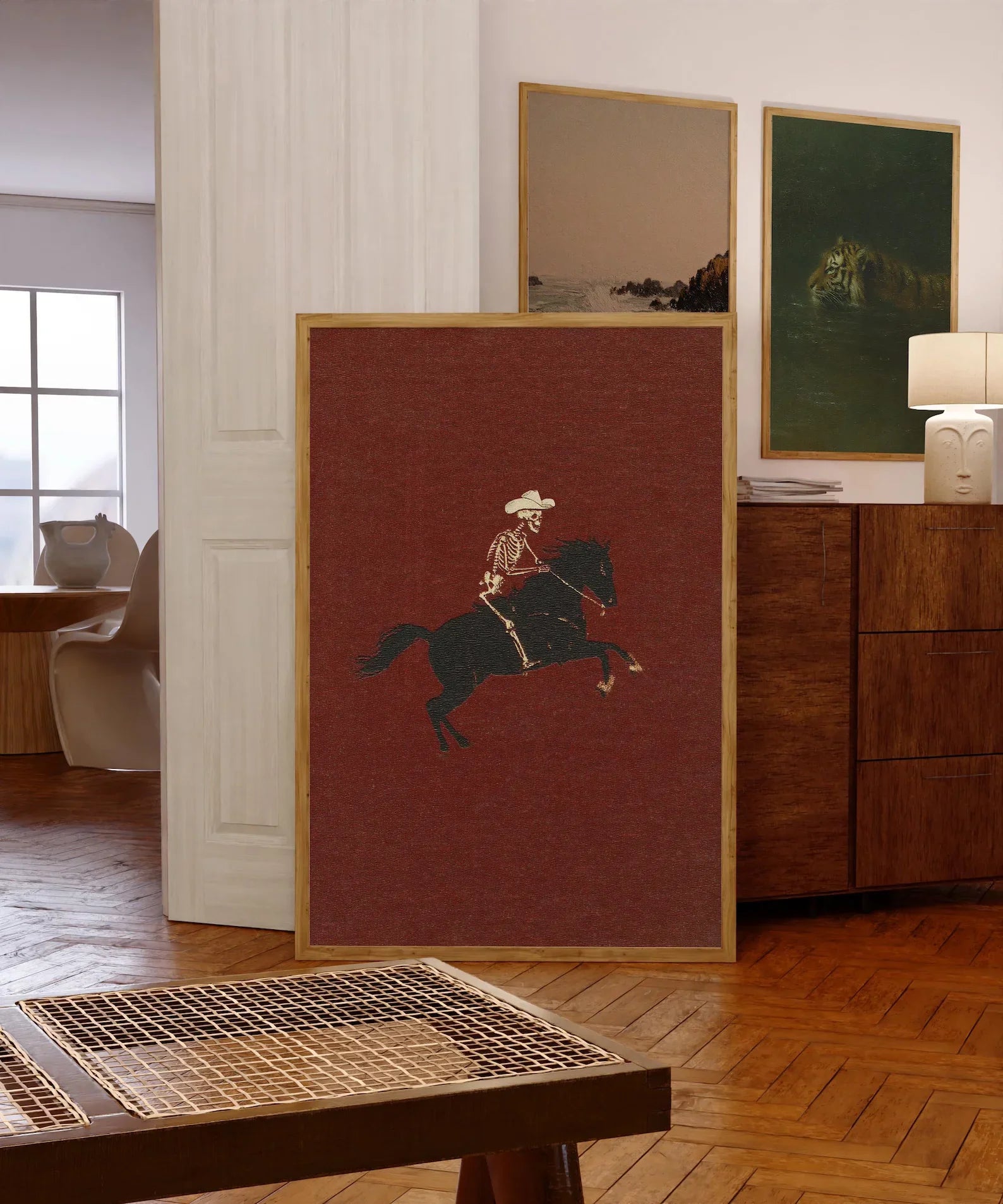 Perfecsy Skeleton Cowboy Illustration Bucking Bronco Print Gothic Wall Decor Horse Poster Quirky Art Western Poster Retro Rod