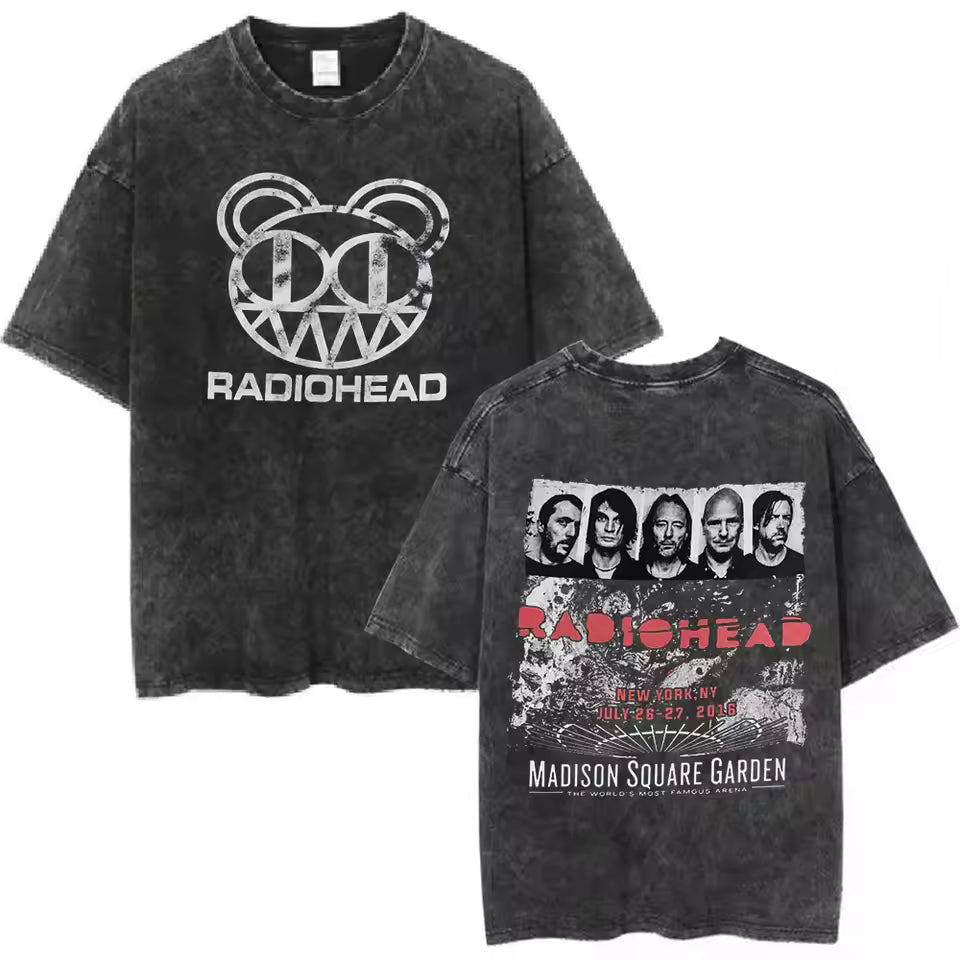 Radiohead Rock Band Washed Cotton T-Shirt – Retro Alternative Rock Graphic Tee, Vintage Distressed Heavyweight Style Unisex Concert Top