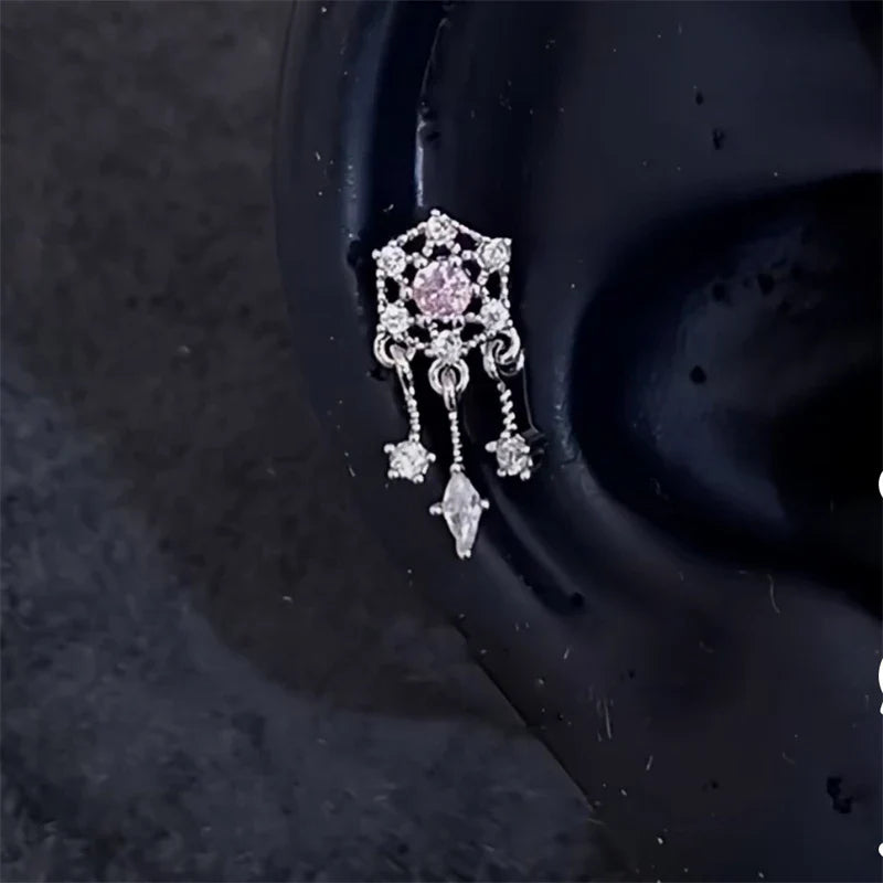 MyClosetAid 1 PCS Pink Bowknot Shiny Ear Bone Nail 316L Stainless Steel Korean Style Zircon Crystal Earring Women Y2K Cute Co