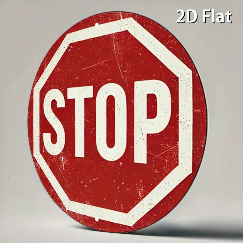 Perfecsy [2D Flat] Vintage Stop Sign Aluminum Wall Art -Round Retro Traffic Symbol Poster, Perfect for Bar, Cafe, Beach House