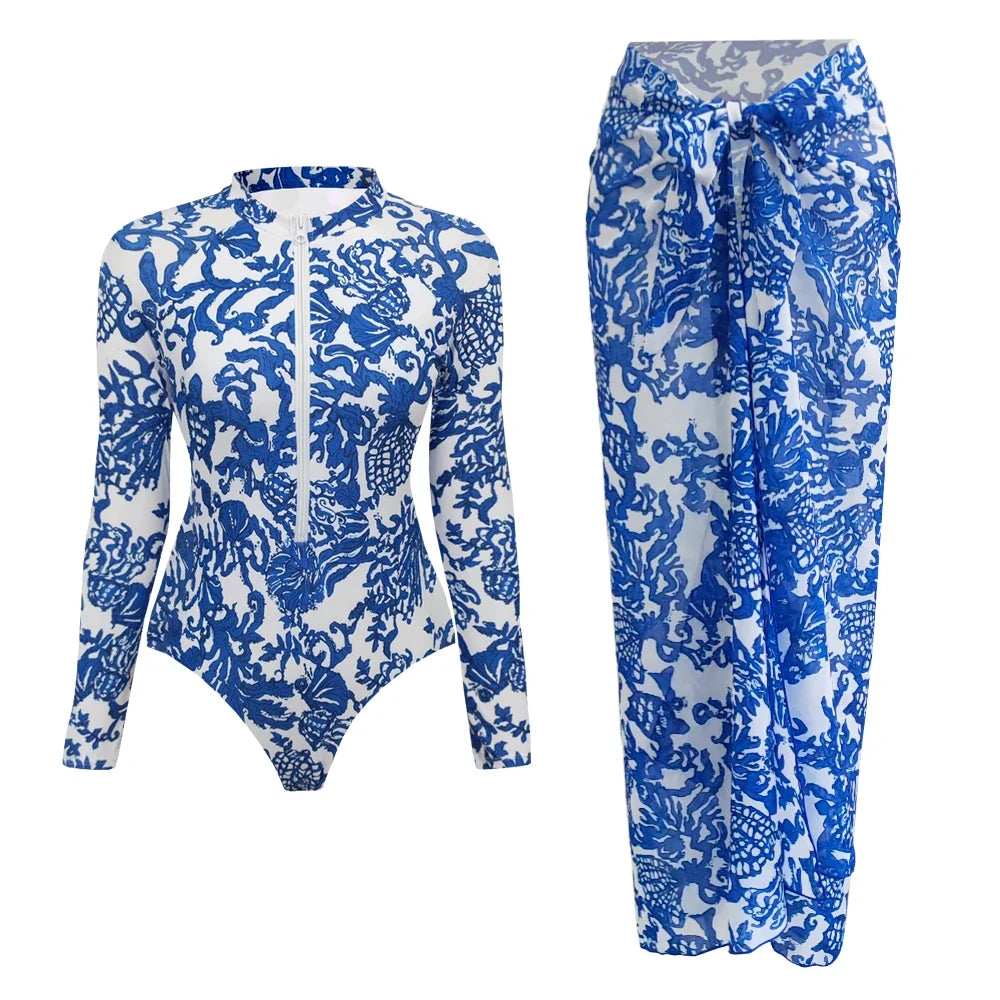 WAVECHO Women's Long Sleeve Zip Front One Piece Swimsuit Floral