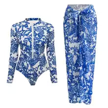 WAVECHO Women's Long Sleeve Zip Front One Piece Swimsuit Floral