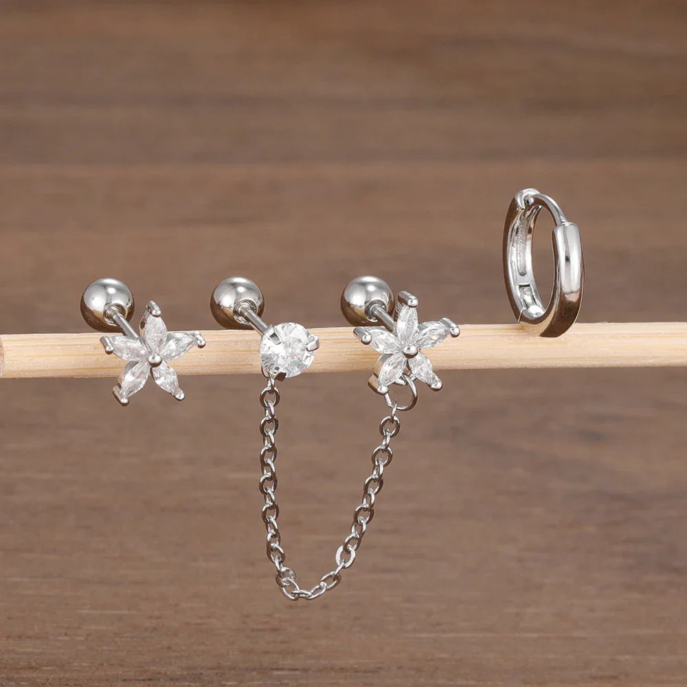 SORI STYLE 3PCS Zircon Flower Ear Stud Earrings — size reference