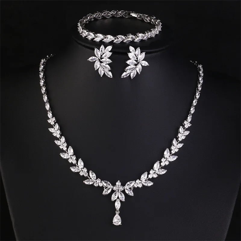 Brilliant Zirconia Leaf Necklace, Earrings & Bracelet Set