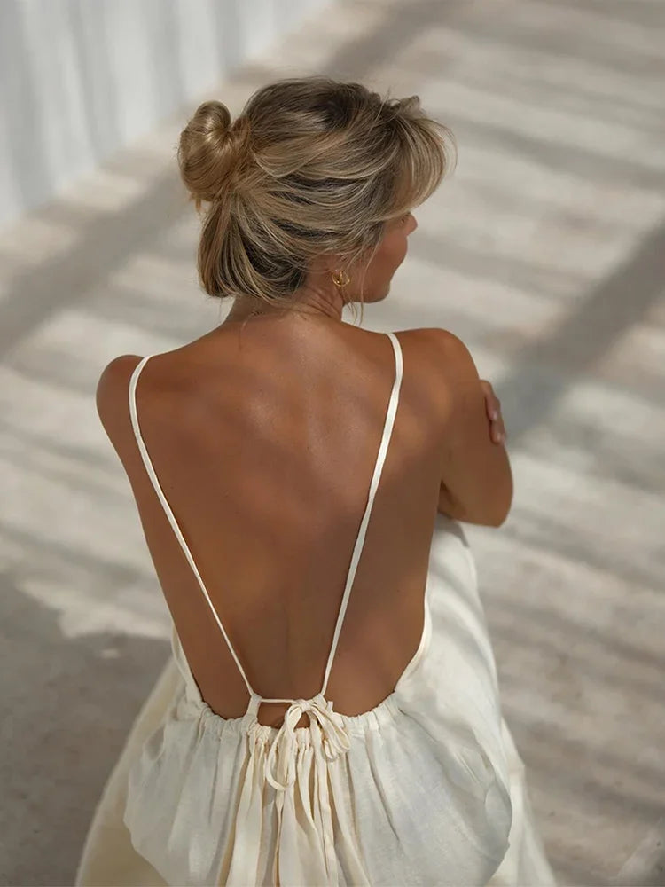 Envy NYC Envy NYC Sexy Backless Lace Up Sling Maxi Dress — lifestyle worn / used context