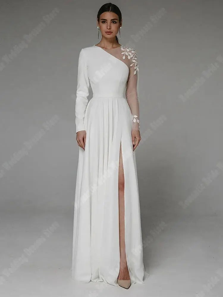 Envy NYC Envy NYC Boho Satin A-Line Mermaid White Wedding Dress — product category context