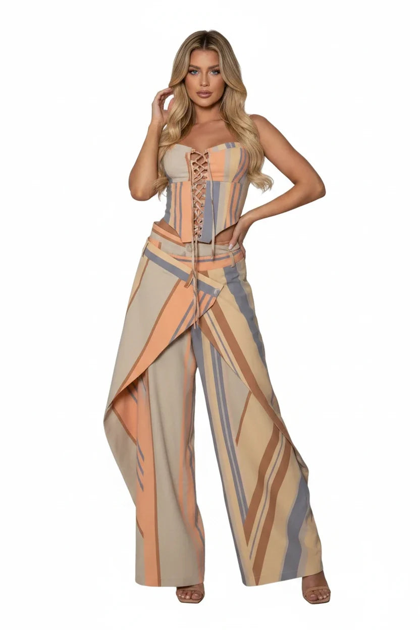 Women's Print Vest and Pleated Pants Set Lace Up