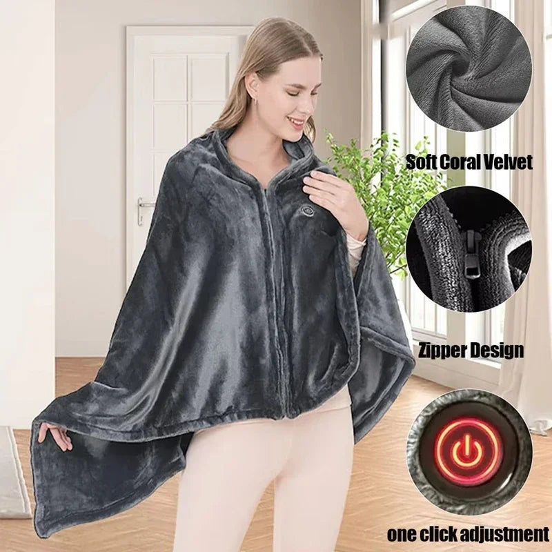 Perfecsy Wearable Heating Electric Blanket Shawl 3 Heated Level Throw Blanket 5v USB Charging Coral Velvet 8 Heated Areas Fas
