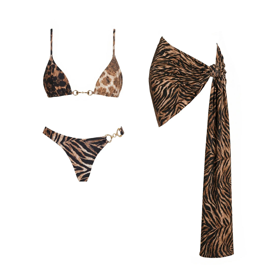 Women's 2 Piece Halter Bikini Set Printed Push Up Swimsuit With Mini Skirt