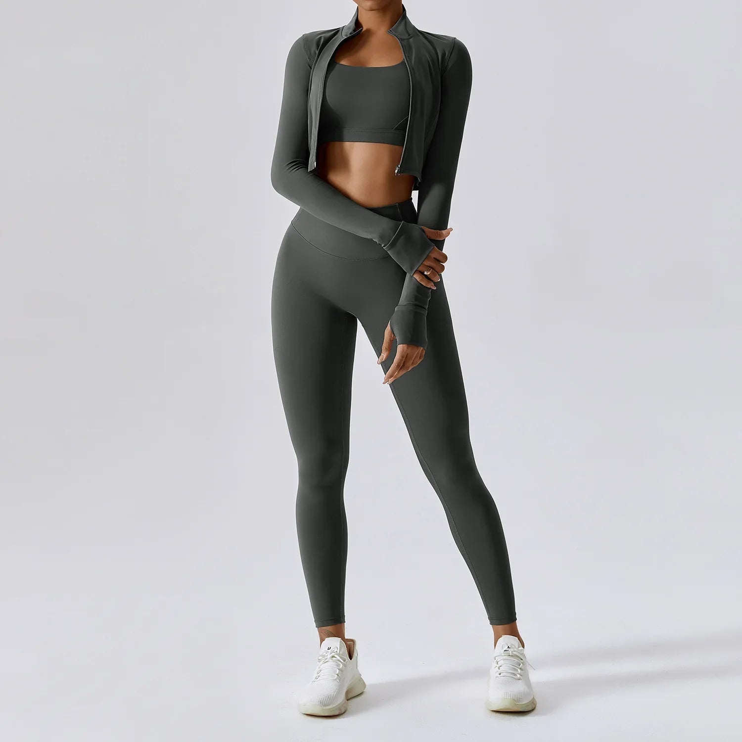 3-Piece Yoga Set Women Long Sleeve Zip Jacket High Waist Leggings
