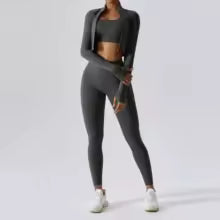 3-Piece Yoga Set Women Long Sleeve Zip Jacket High Waist Leggings